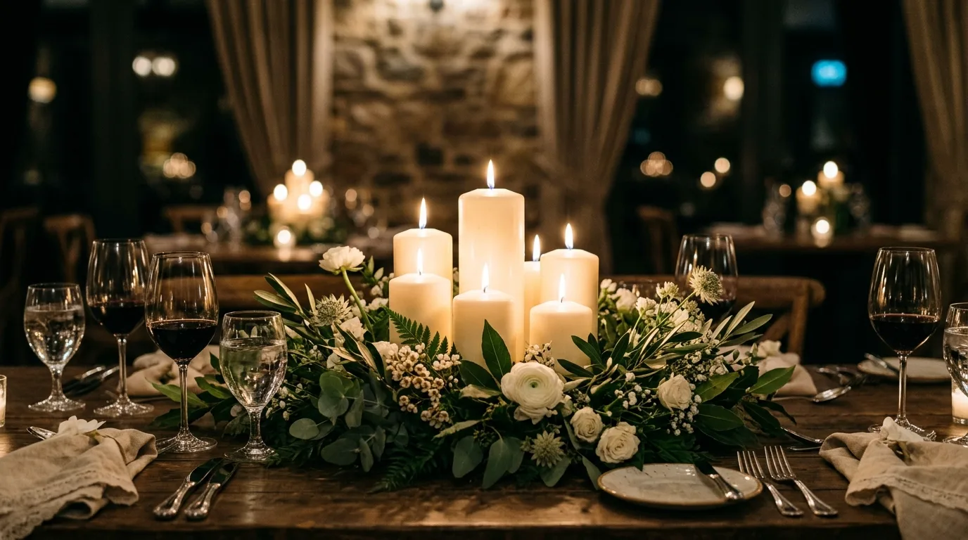 Let the centerpiece connect visually to the place settings inspiration for a holiday dining table centerpiece.